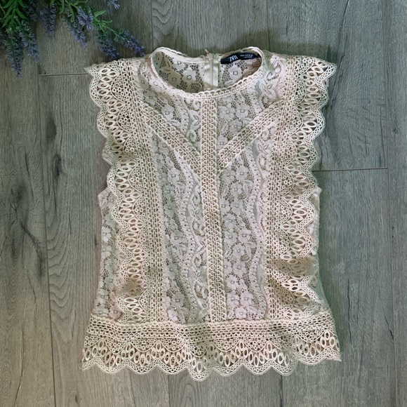 Zara Tops - Zara Tan Floral Lace Blouse